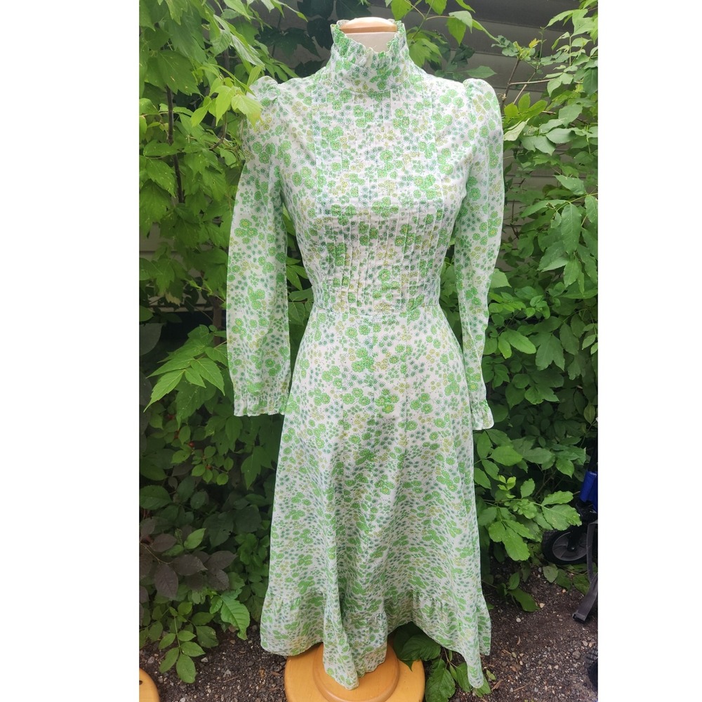 Peter Robinson 1967 Green Floral Prairie Dress High Neck Ruffle Long Sleeve Maxi